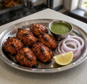 Chicken tikka with onion rings, lemon and mint chutney