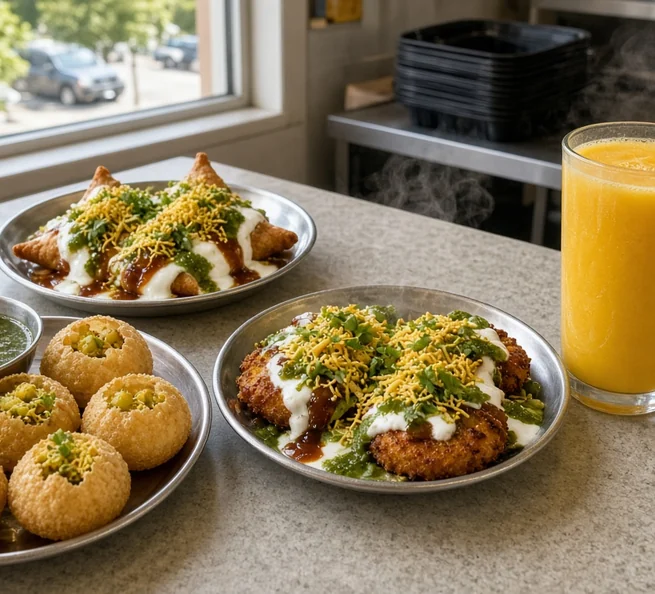 Indian street food plates and drinks on the counter