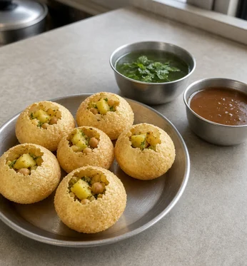 Paani puri with mint water and tamarind chutney