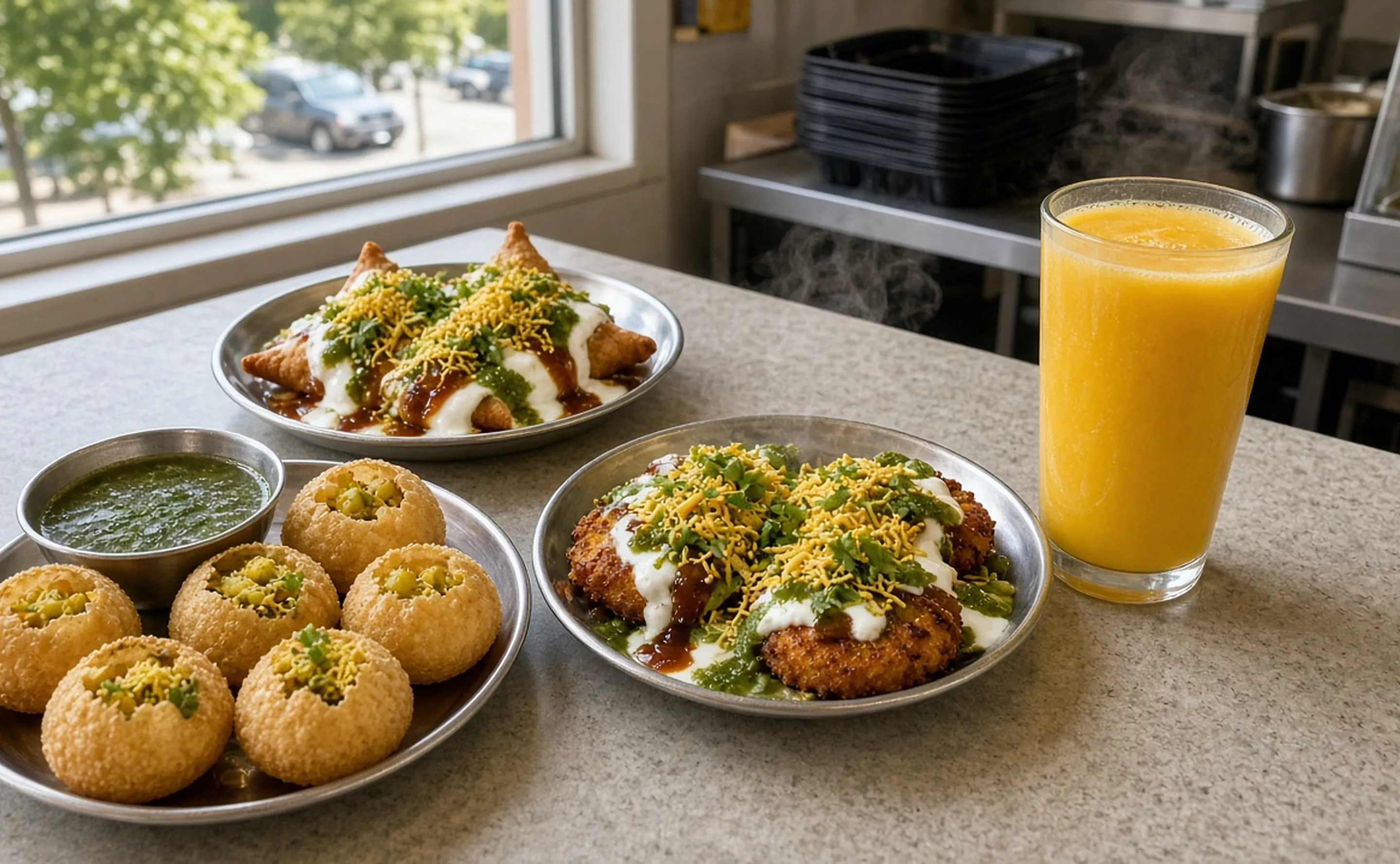 Indian street food plates and drinks on the counter