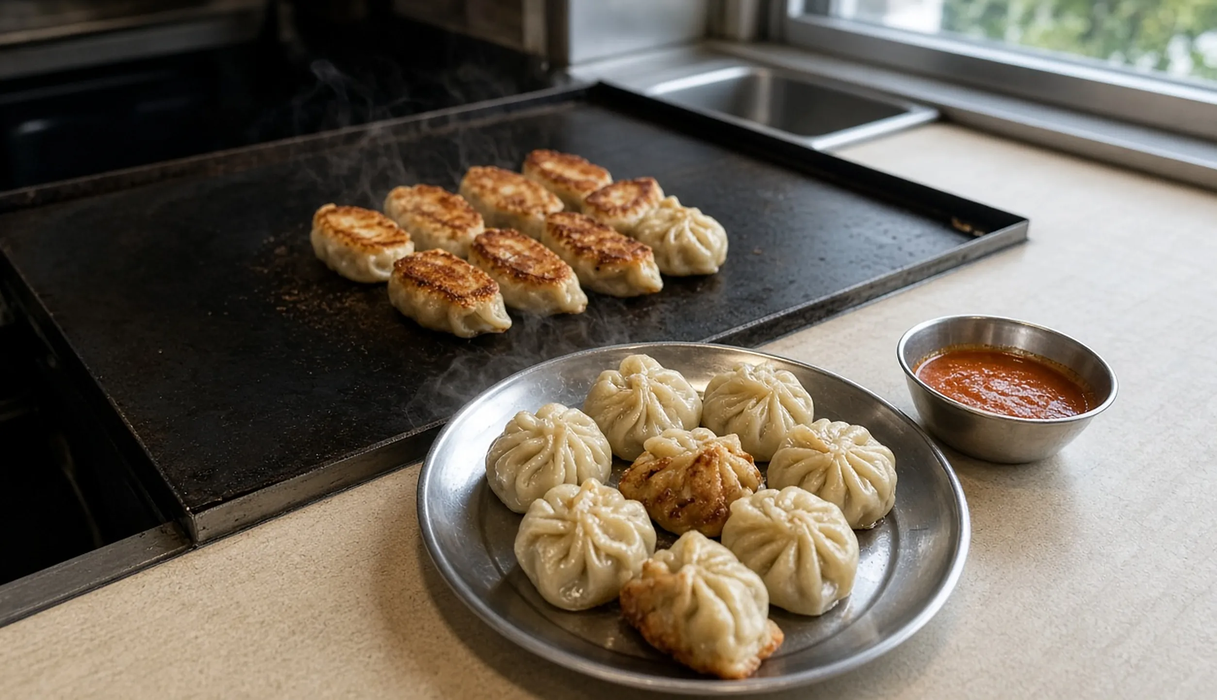Pan-fried momos on a flat griddle and a plate of steamed momos