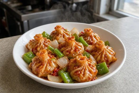 Chilli momos with capsicum and onion in a white bowl