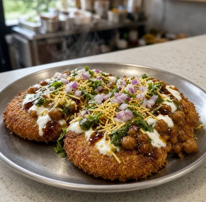 Aloo tikki chaat with chickpeas, yogurt and sev