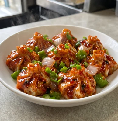 Chilli chicken momos with capsicum and onion