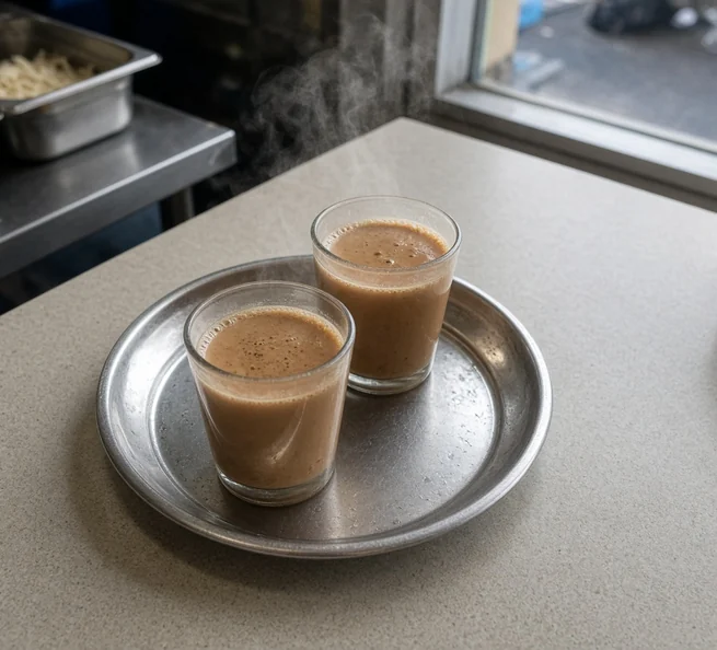 Two glasses of masala tea on a steel tray