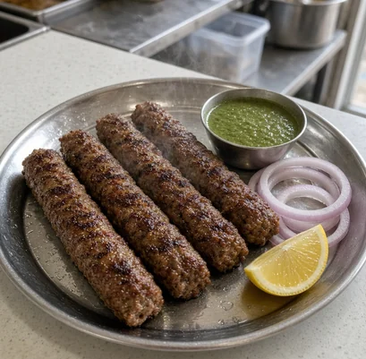 Mutton seekh kebabs with onion rings and lemon