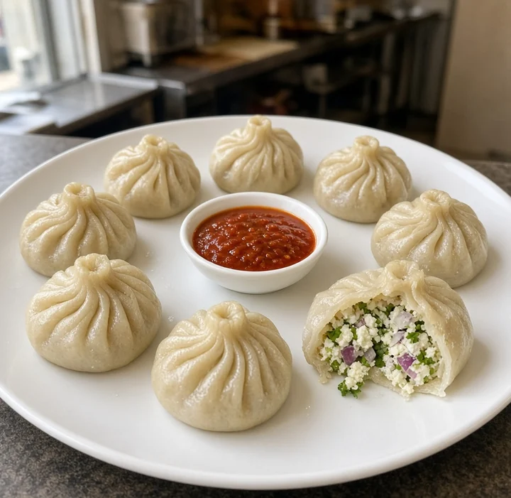 Steamed paneer momos with red chutney, one opened to show the filling