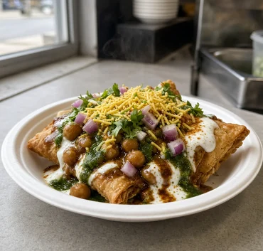 Samosa chaat with chickpeas, yogurt and sev