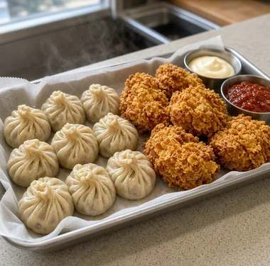 Kurkure momos and steamed momos with dips