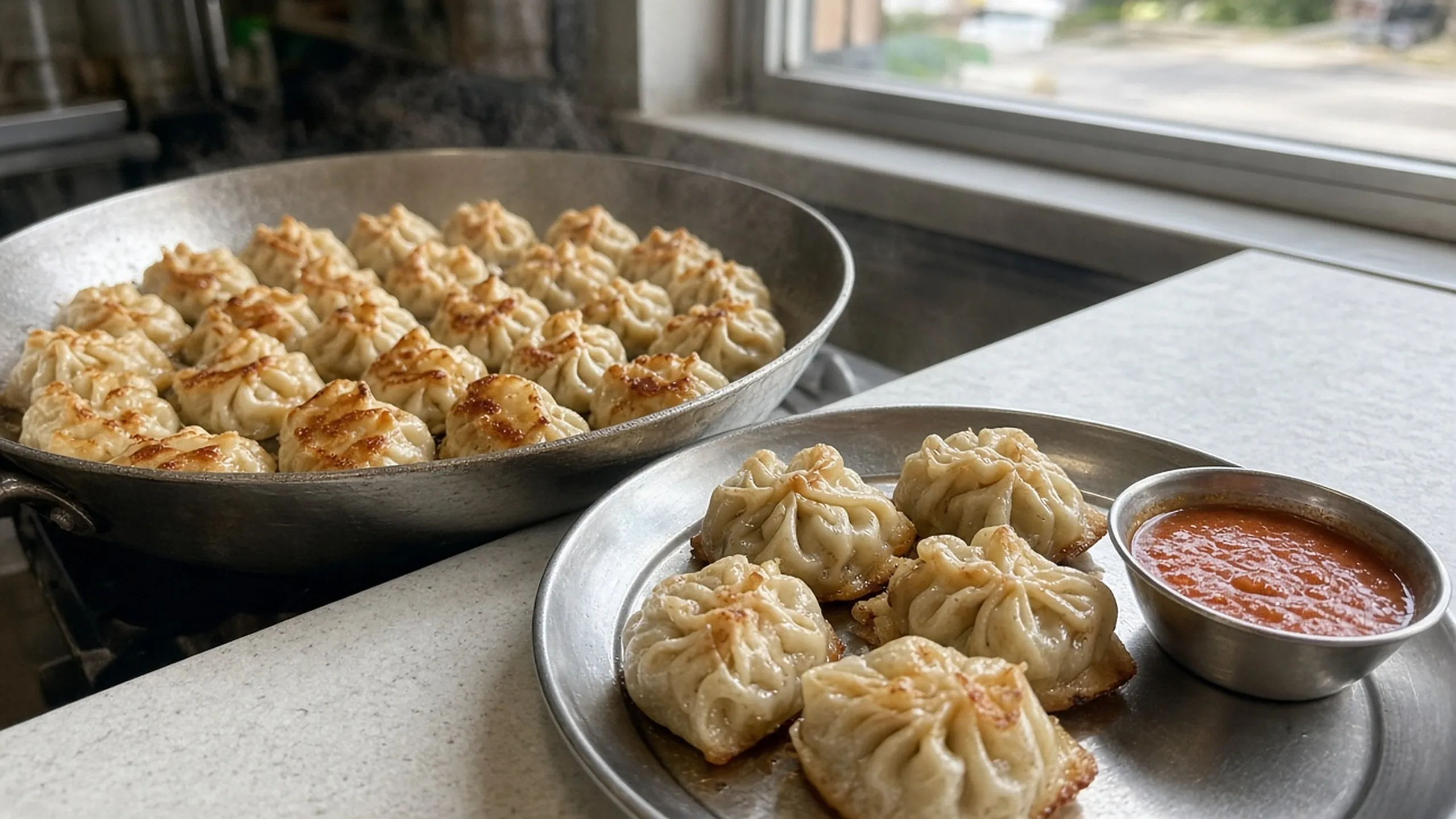 Pan-fried momos with golden bottoms from the pan, with red chutney