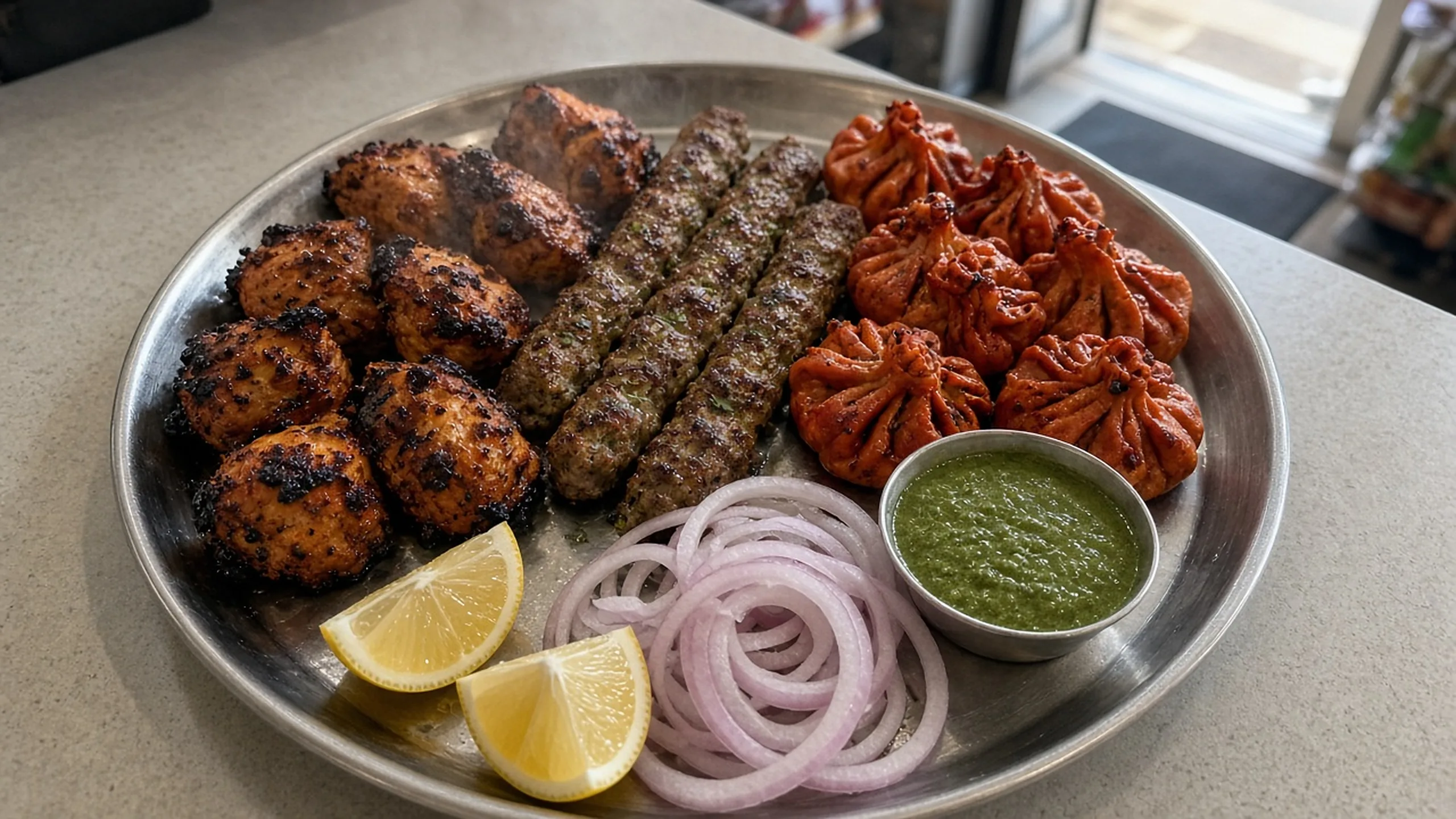 Platter of tandoori starters and kebabs with mint chutney
