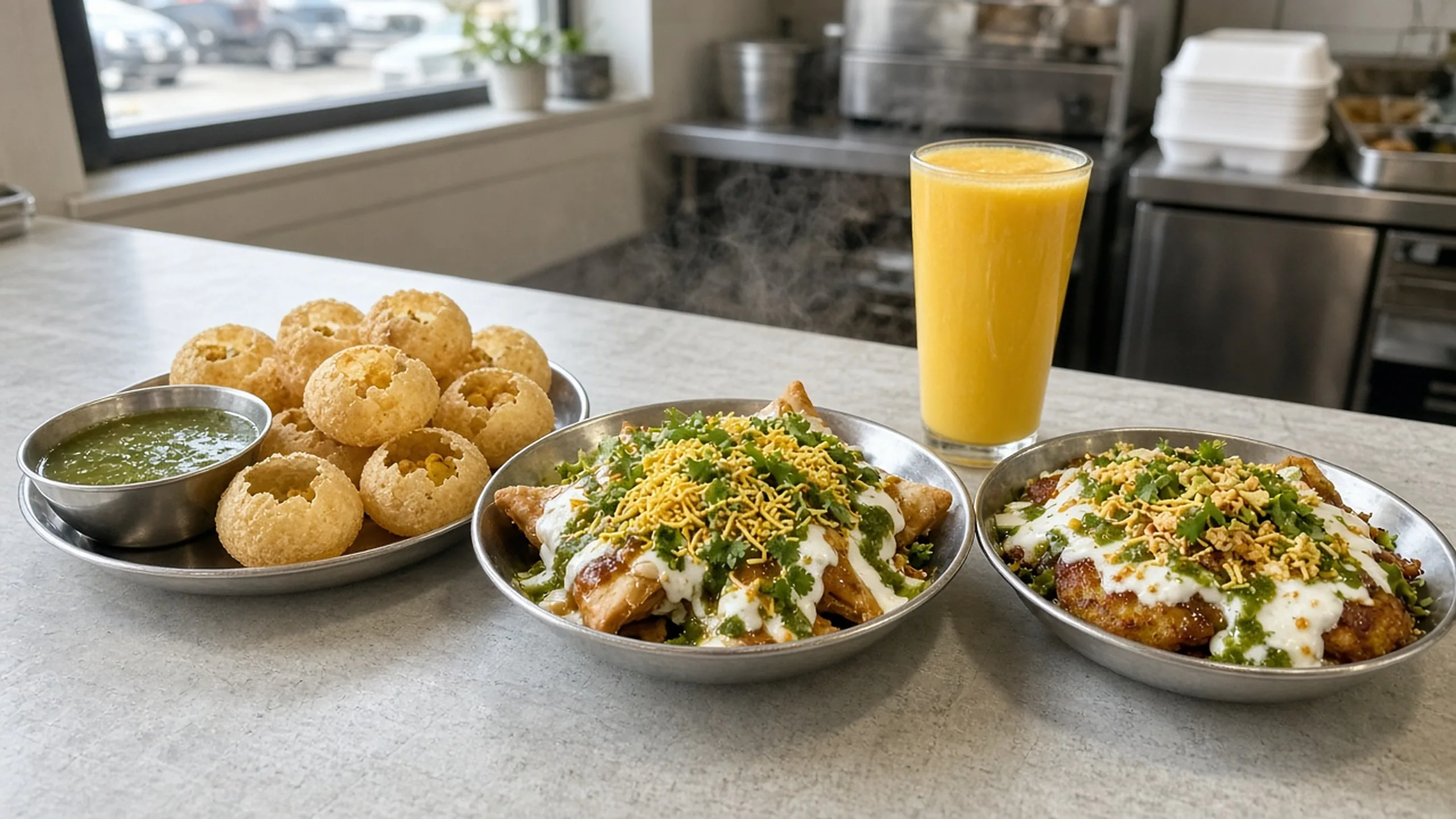 Indian street food plates and drinks on the counter