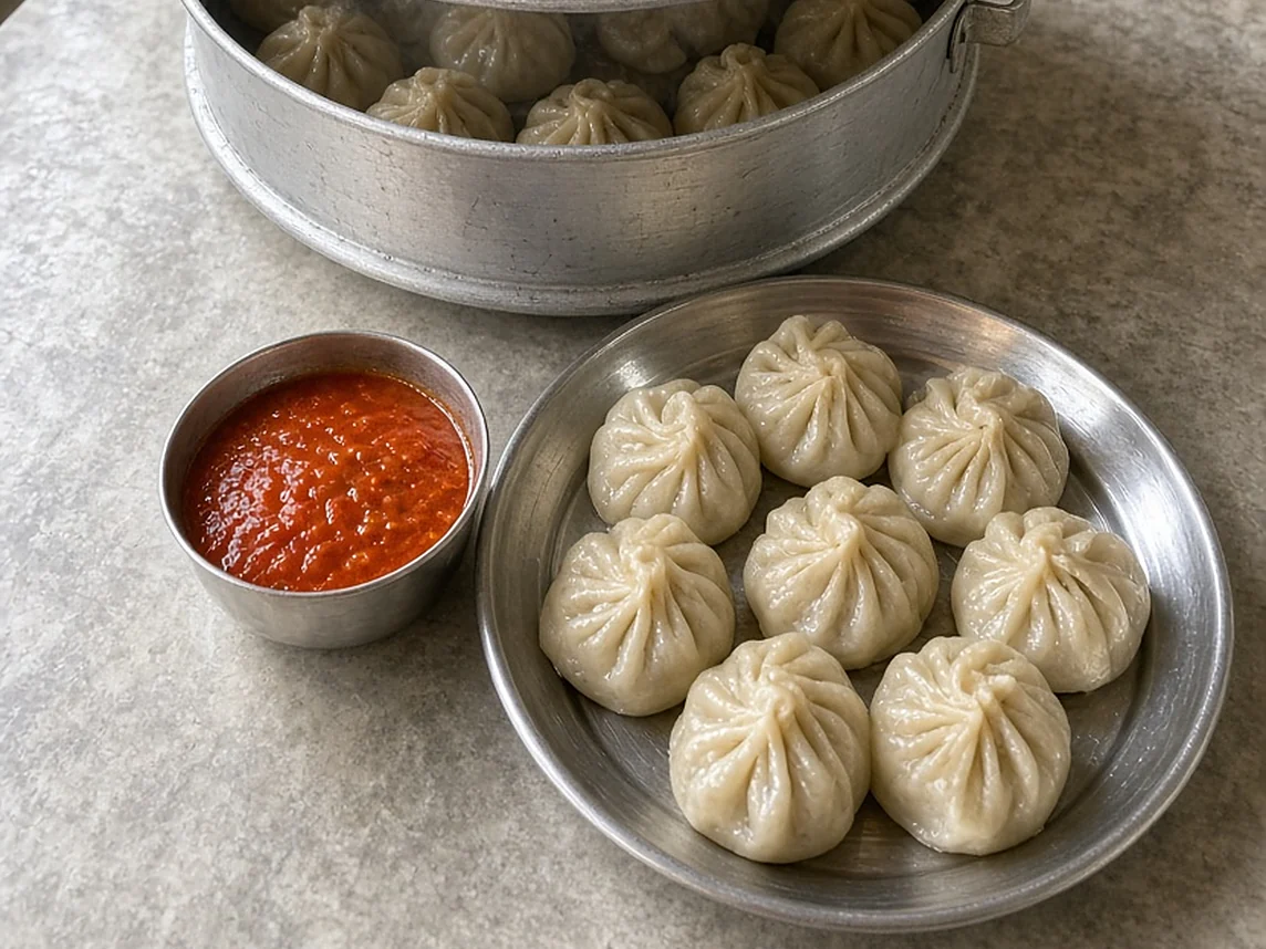 Momo steamer with a plate of steamed momos and red chutney
