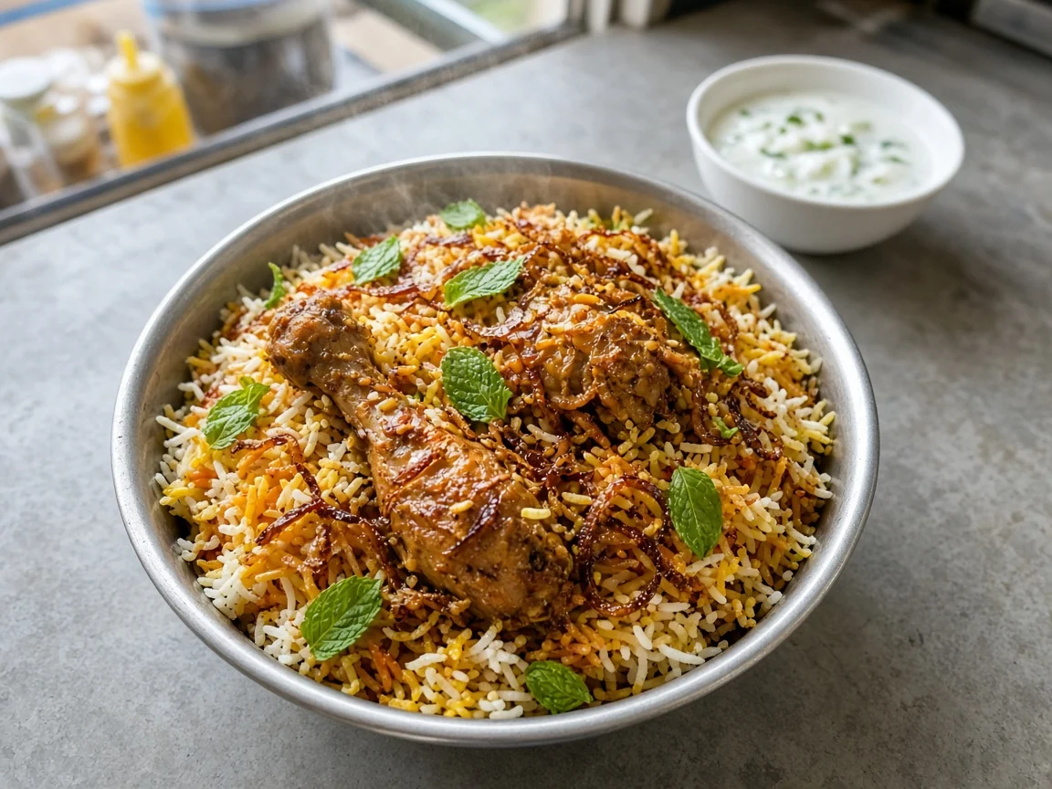 Chicken biryani with saffron rice, fried onions and mint, with raita