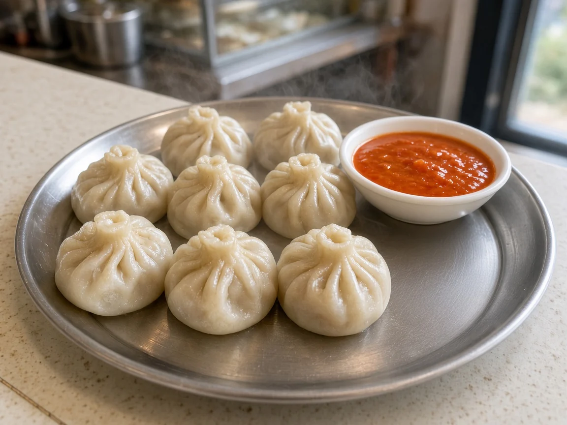 Eight steamed chicken momos on a steel plate with a bowl of red chutney