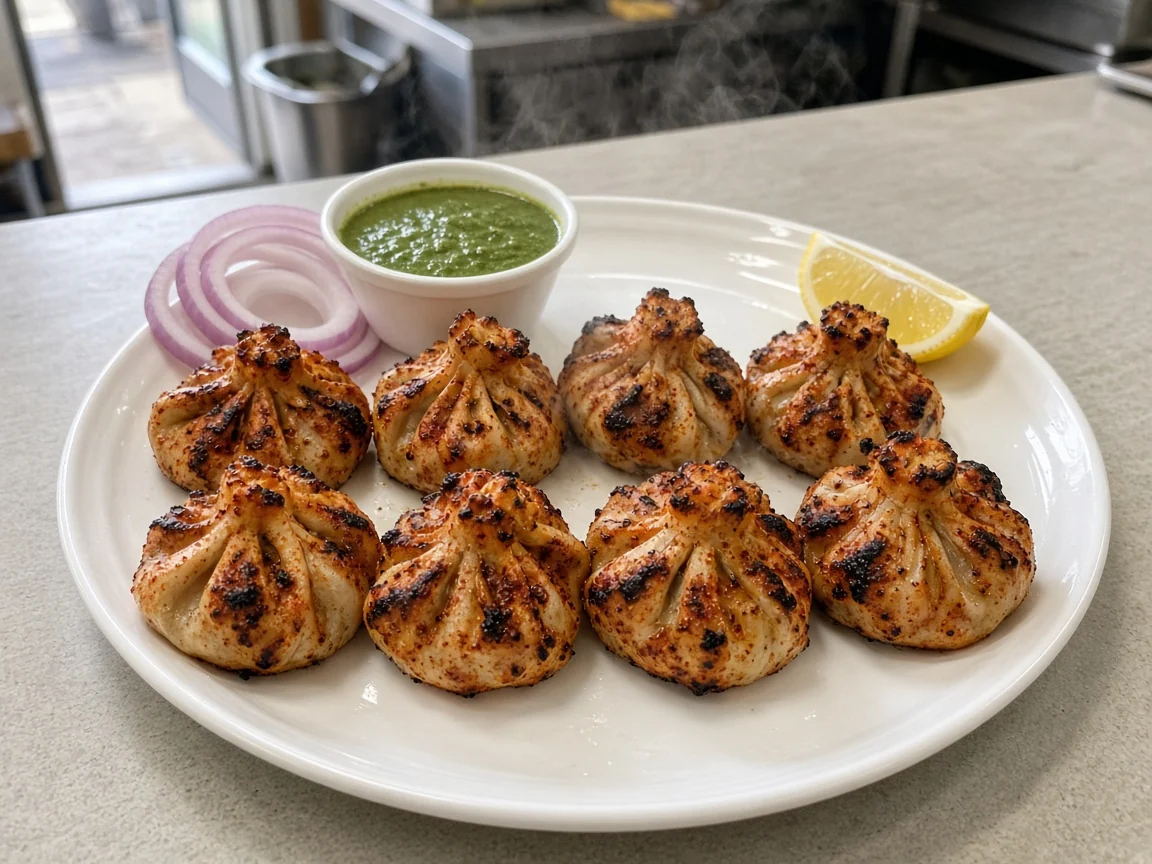 Eight charred tandoori chicken momos with onion rings, lemon and green chutney