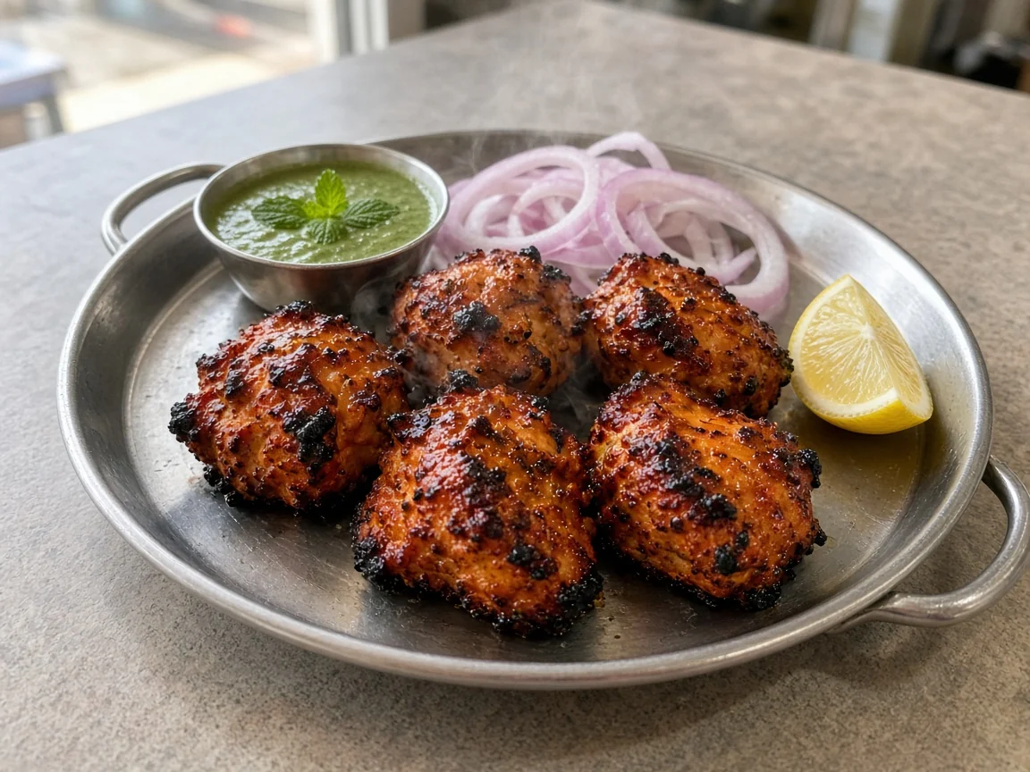 Charred chicken tikka pieces with onion rings, lemon and mint chutney