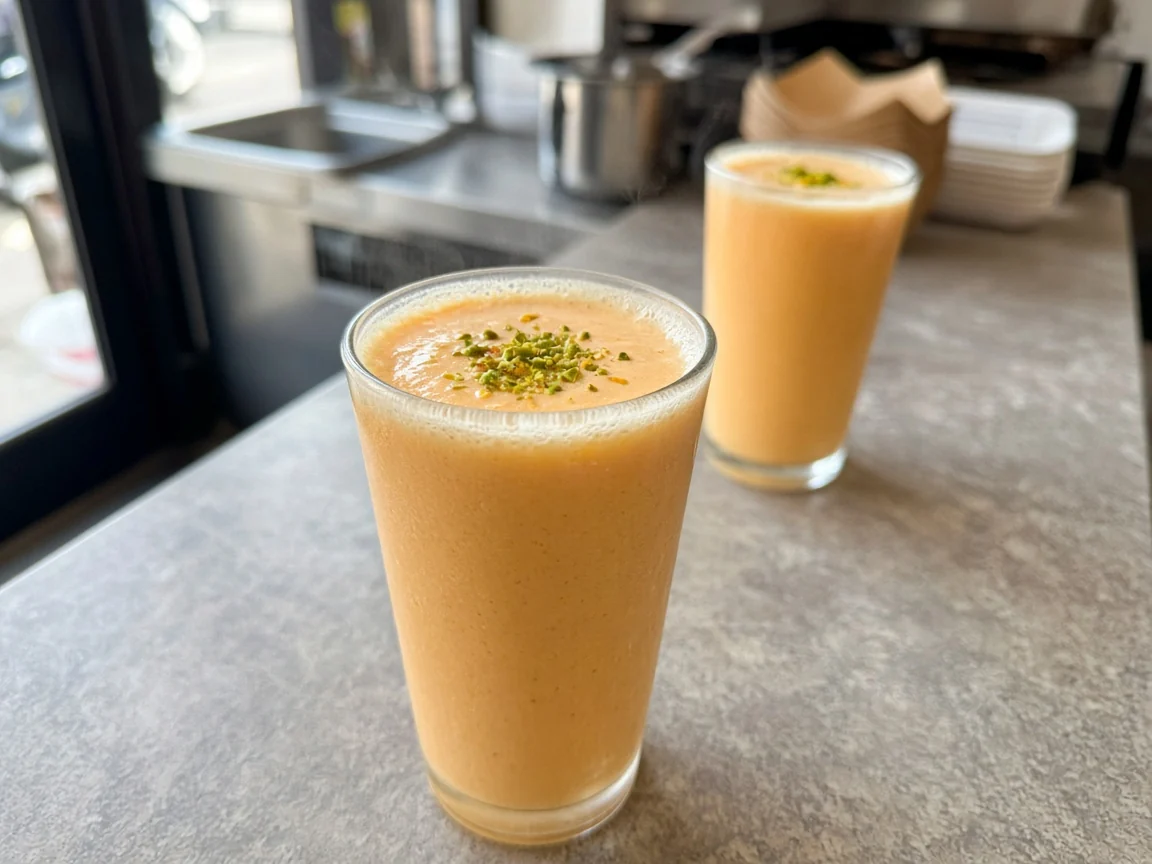 Glass of mango lassi topped with crushed pistachio