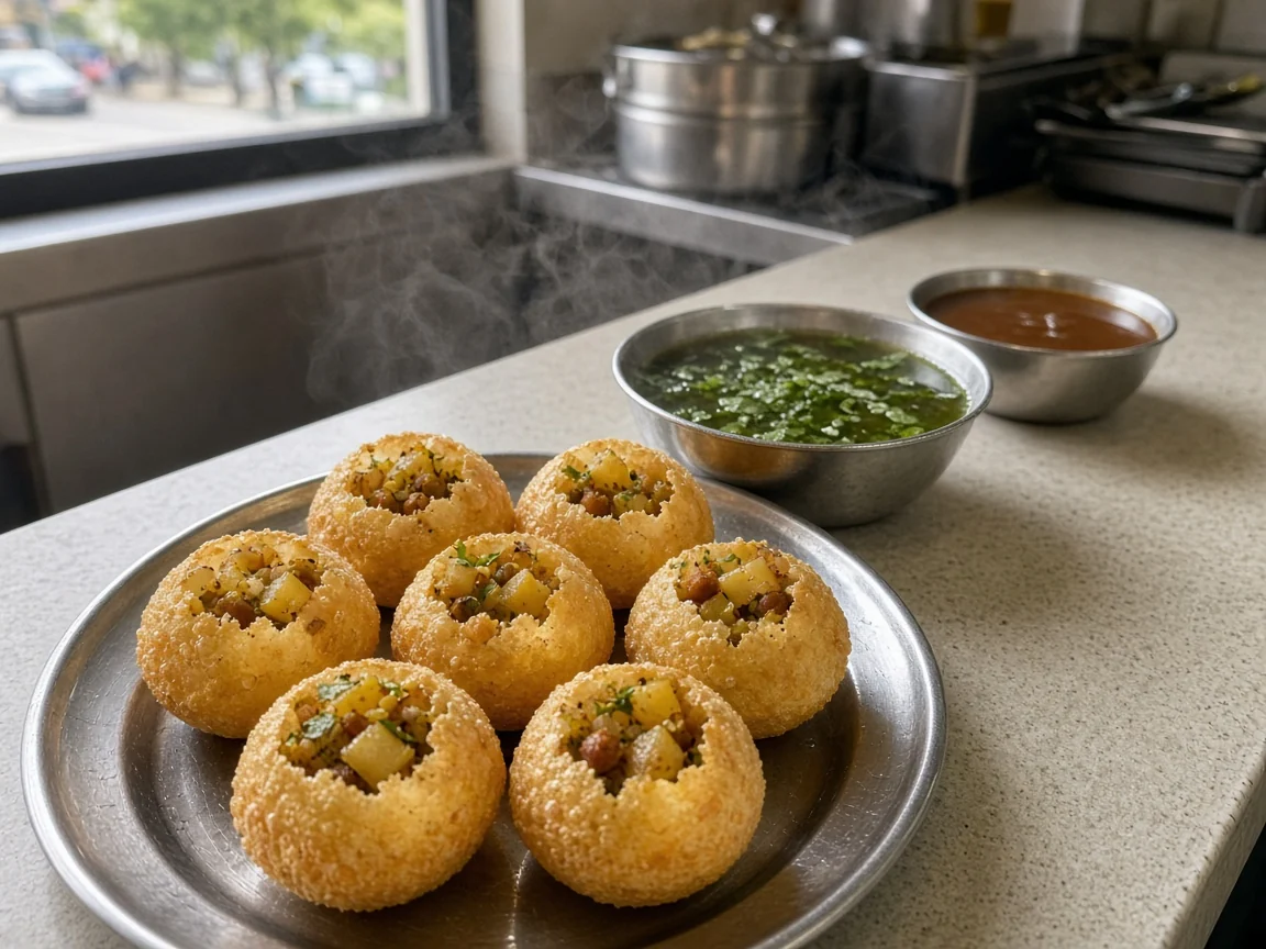 Paani puri shells filled with potato and chickpeas, with mint water and tamarind chutney