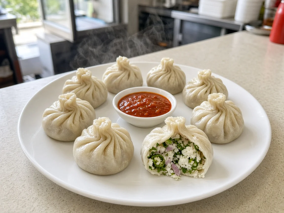 Eight steamed paneer momos, one broken open to show paneer filling, with red chutney